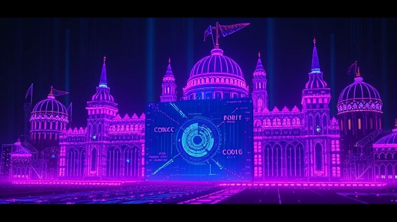 A digital fortress made of glowing blue and purple lines of code, representing robust code security.