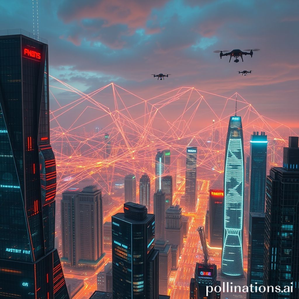 An artistic representation of an Artificial General Intelligence neural network integrated with a futuristic city skyline, symbolizing its economic impact.