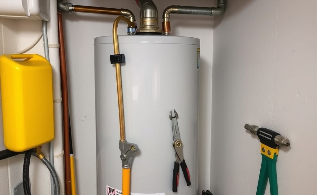 A clean and organized hot water heater with tools for maintenance.