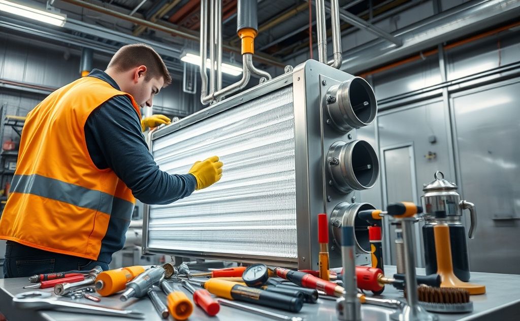 A clean heat exchanger with tools and equipment for maintenance.