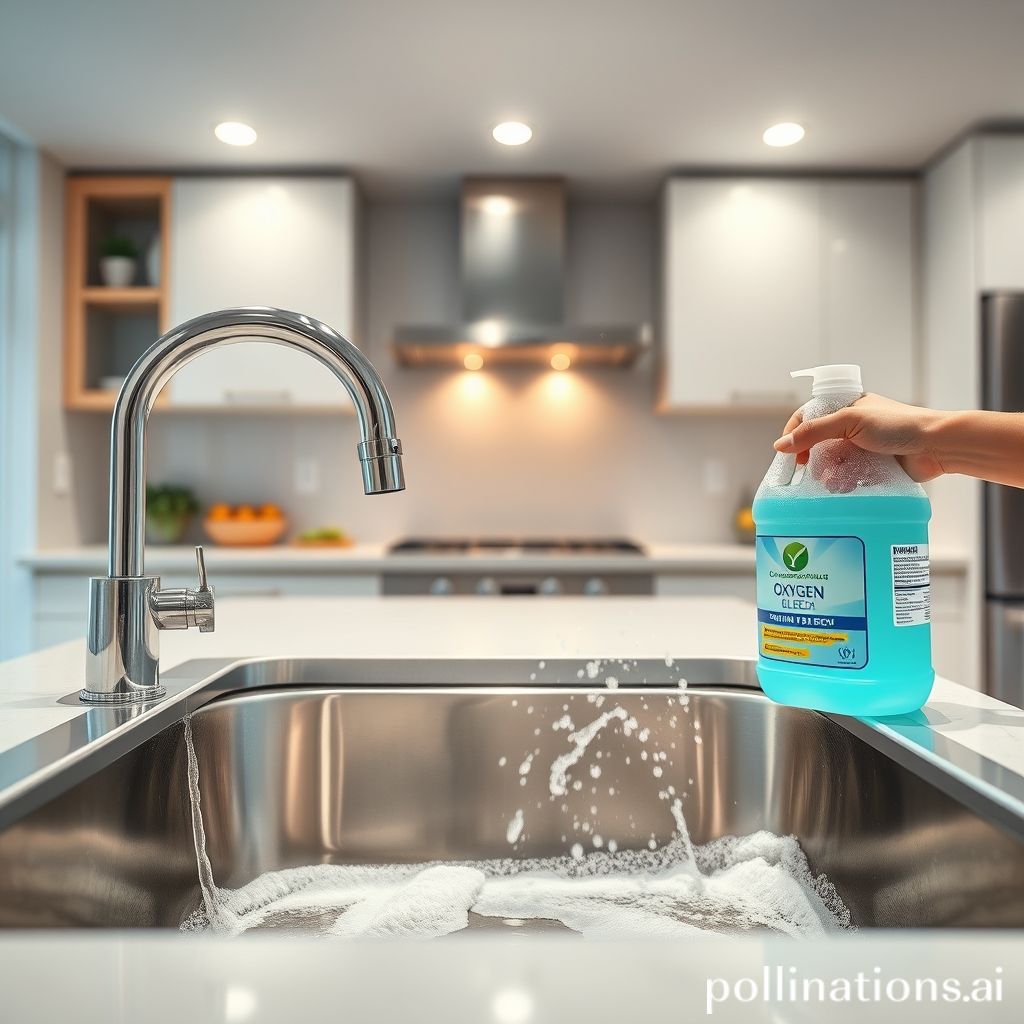 과탄산소다 용액으로 스테인리스 싱크대를 청소하는 장면