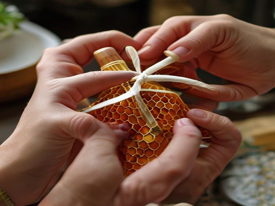 使用蜂窝纸和扭扭棒包装产品过程