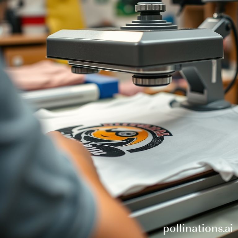 Heat press menempelkan transfer ke kaos