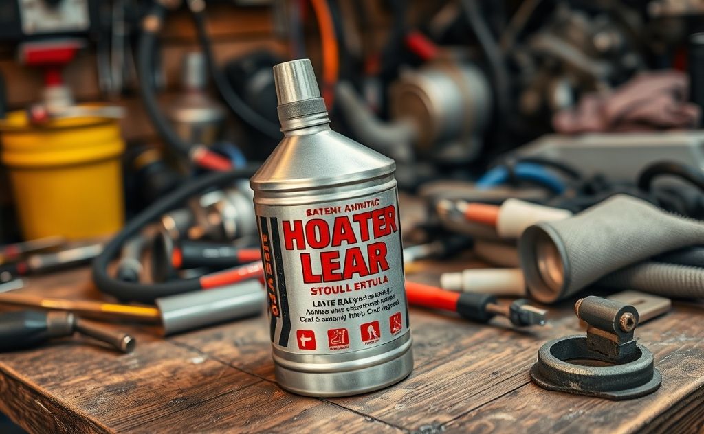 A close-up of a bottle of heater core stop leak product on a workbench.