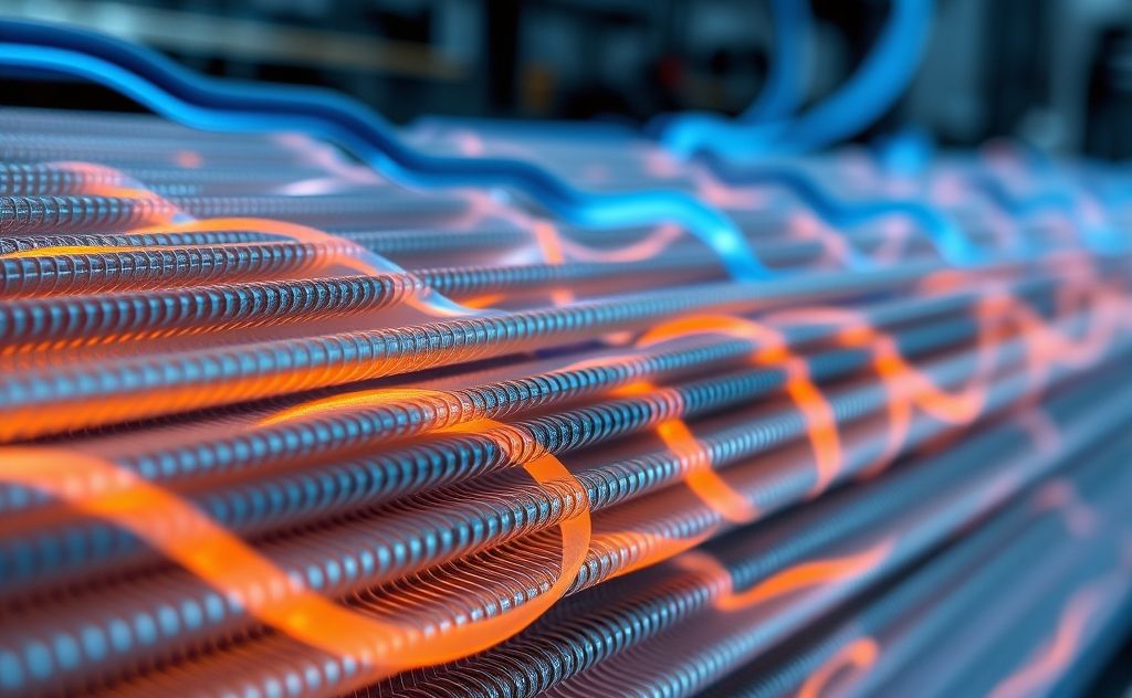 A close-up of a heat exchanger with flowing fluids and fins.