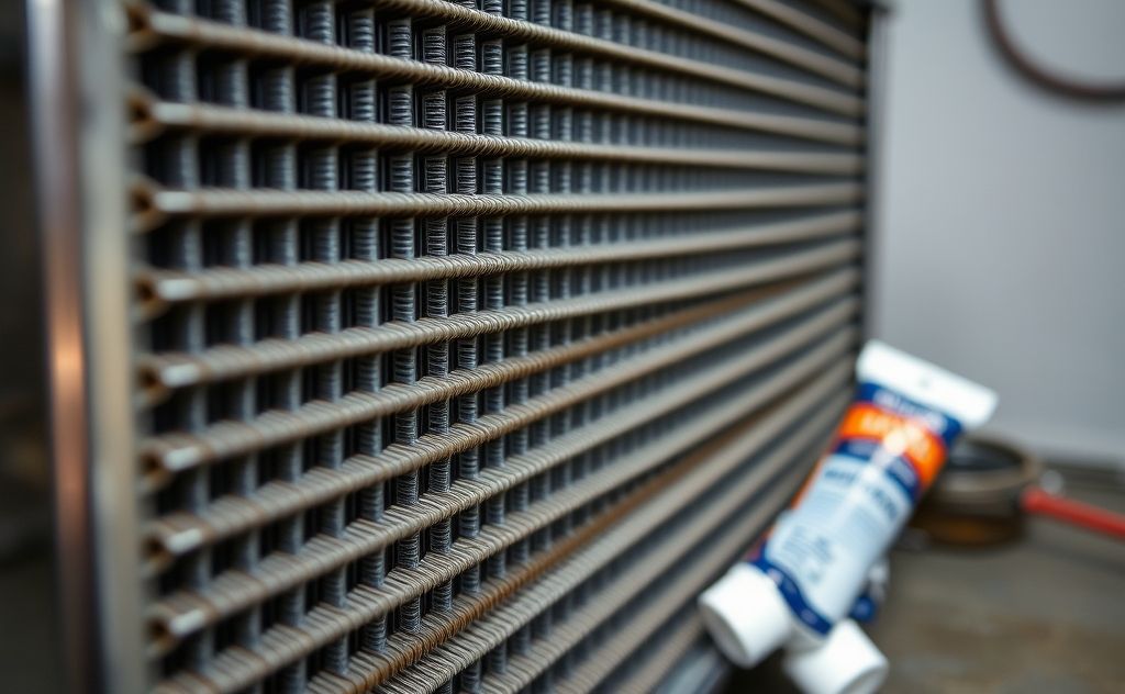 A close-up of a heater core with a leak repair product beside it.