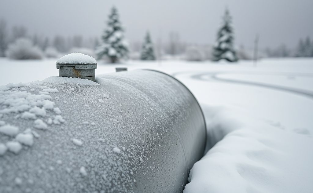 A close-up of a heating oil tank in a snowy winter landscape.
