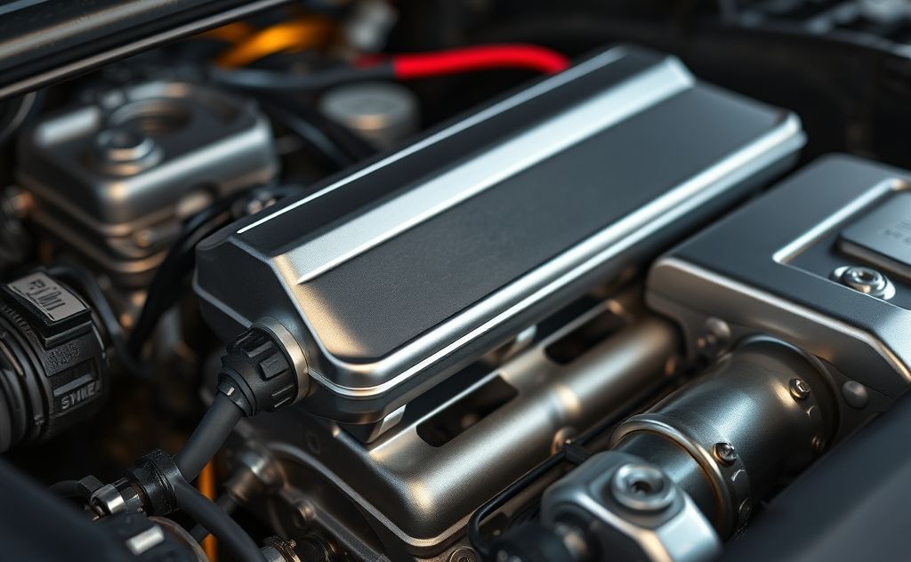 A close-up of a high-quality engine block heater installed in a vehicle.
