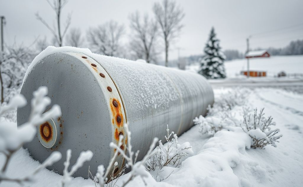 A close-up of a home heating oil tank in a snowy landscape.