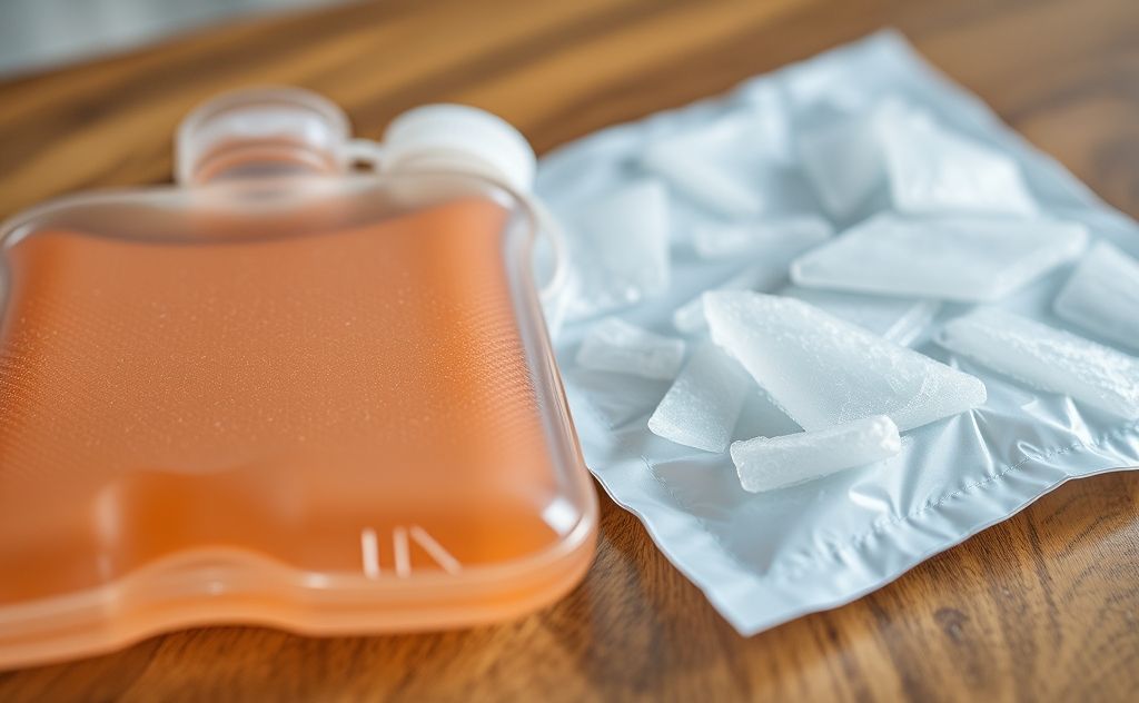 A close-up of a hot water bottle next to an ice pack on a table.