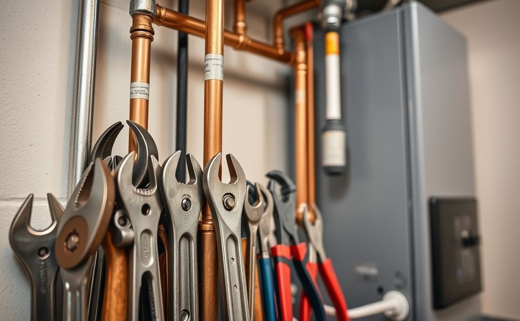 A close-up of a plumber's tools beside a heating system and pipes.