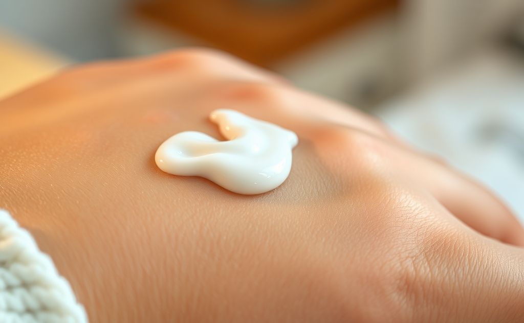 A close-up of a soothing lotion applied to irritated skin.