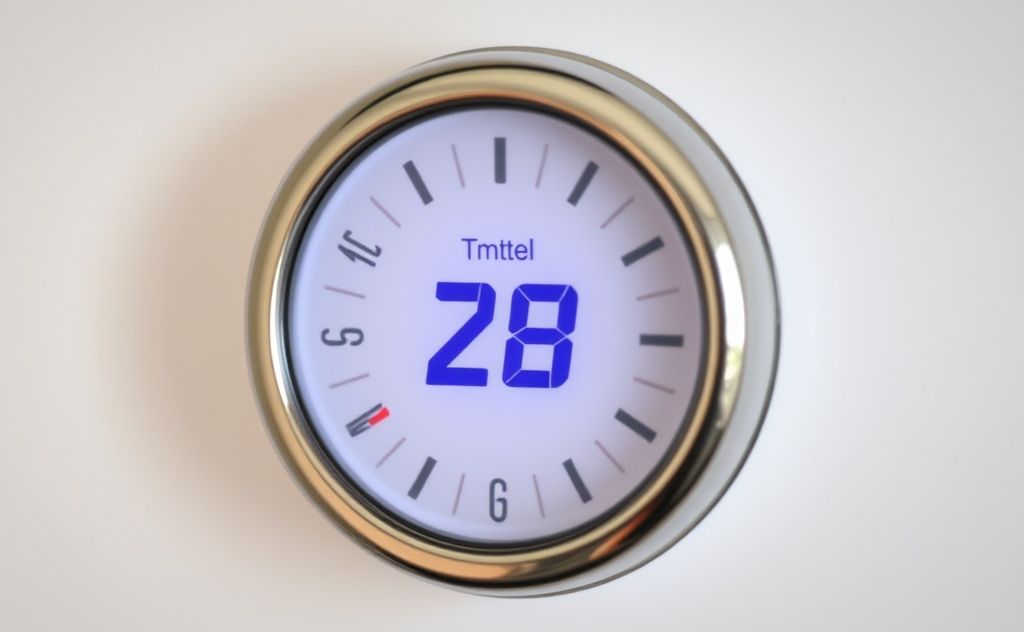 A close-up of a thermostat set to the optimal temperature for water heaters.