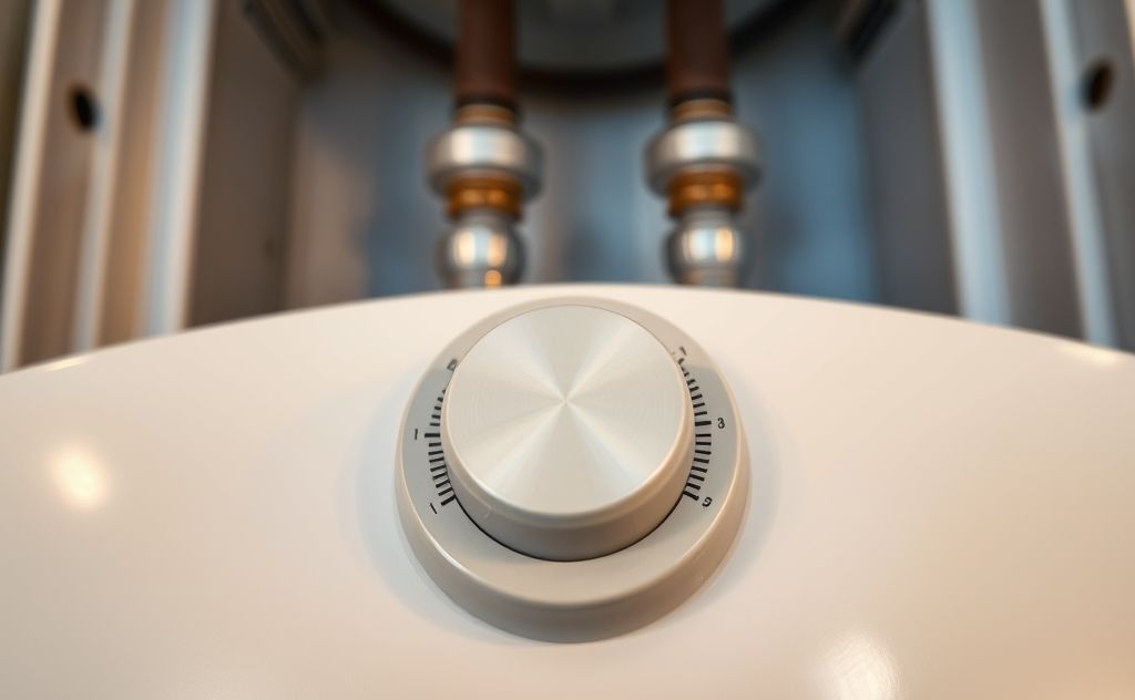 A close-up of a water heater thermostat dial set to a moderate temperature.