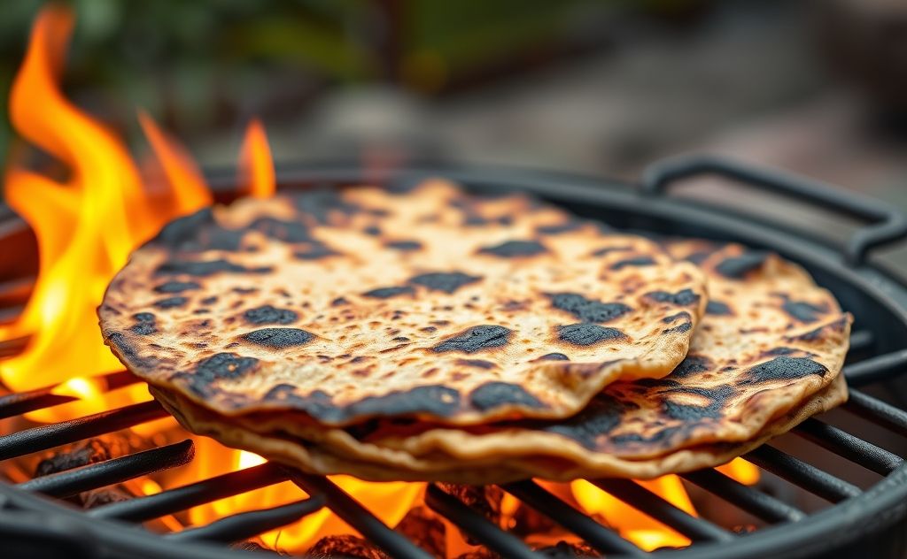 A close-up of charred corn tortillas on a grill with flames.