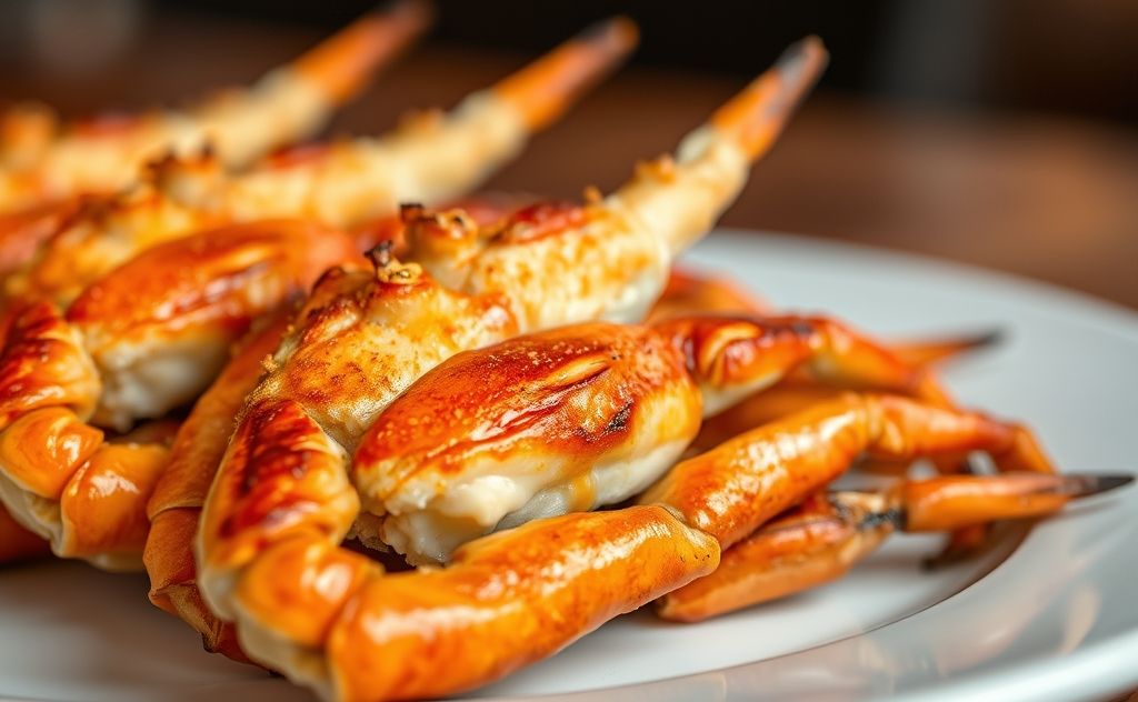 A close-up of crispy broiled crab legs on a plate.