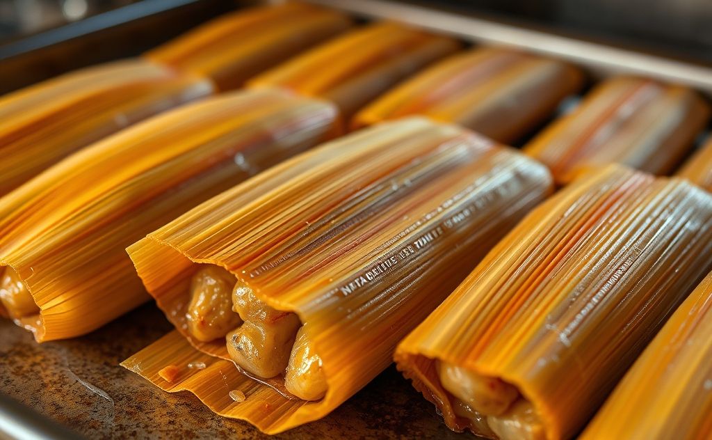 A close-up of golden-brown tamales on a baking sheet.