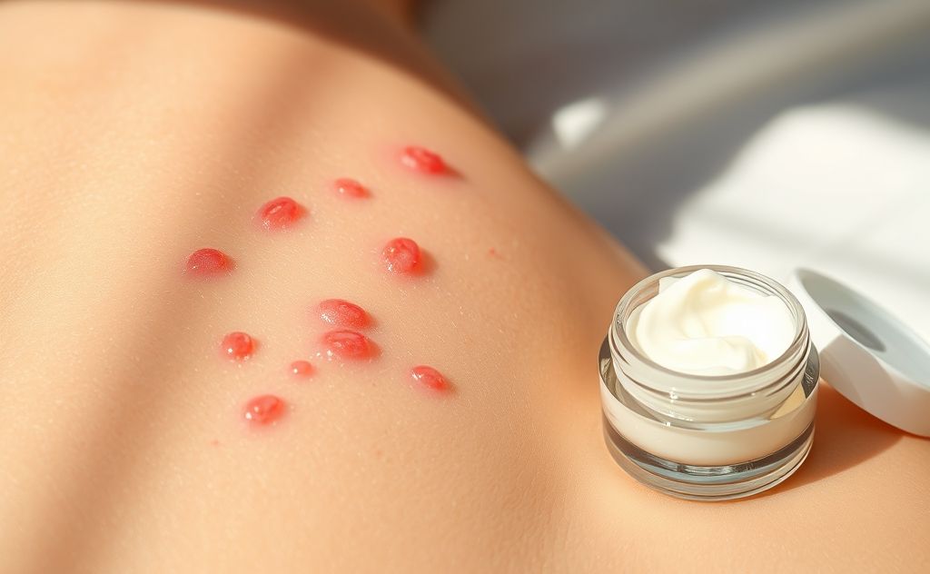 A close-up of heat rash on skin with soothing cream nearby.