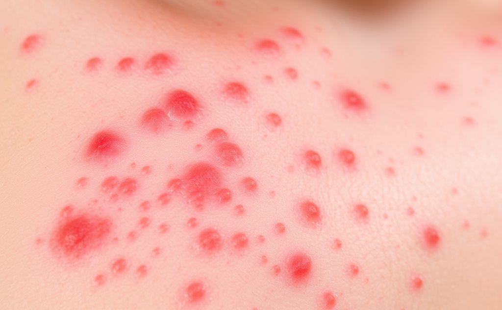A close-up of inflamed skin showing heat rash symptoms.