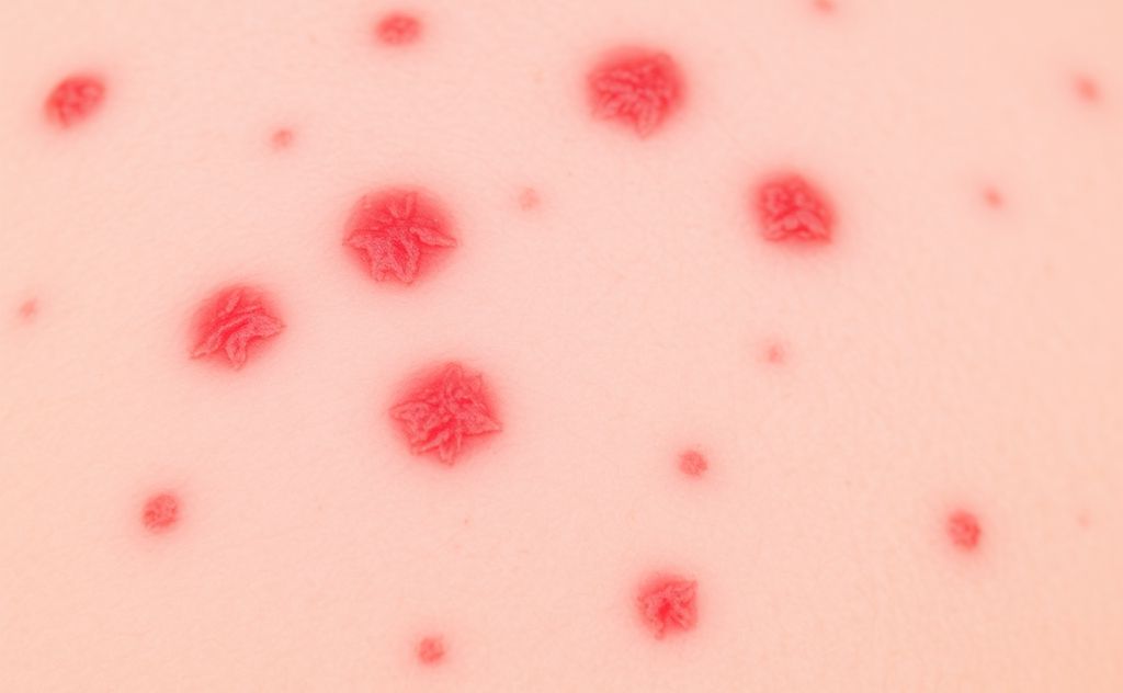 A close-up of inflamed skin with red spots from heat rash.