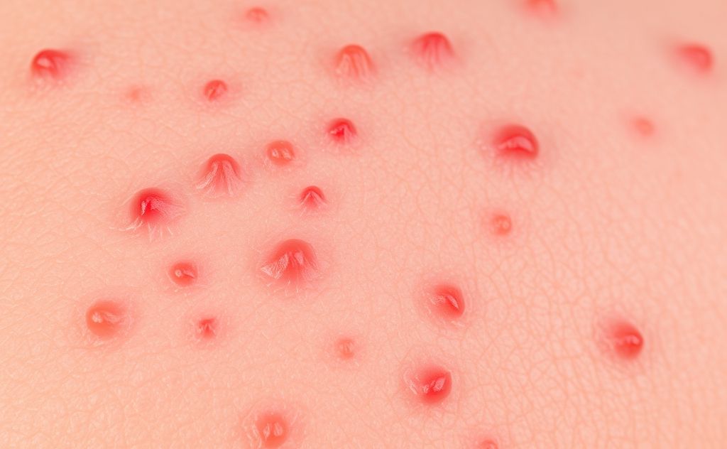 A close-up of inflamed skin with small red bumps from heat rash.