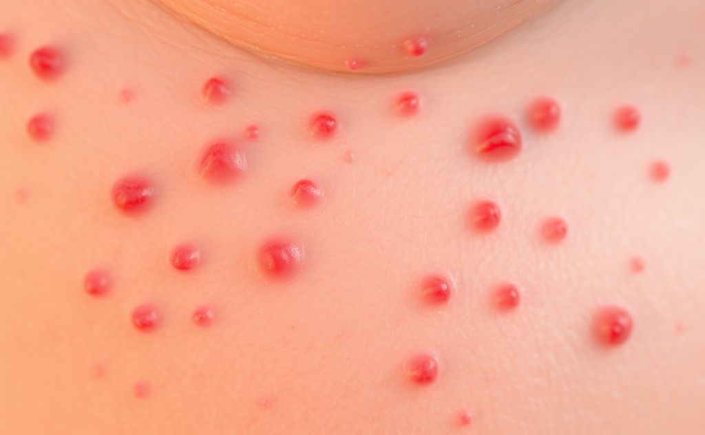 A close-up of inflamed skin with small red bumps in a warm setting.