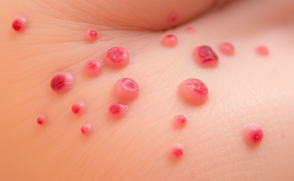 A close-up of irritated skin with red bumps in a warm environment.