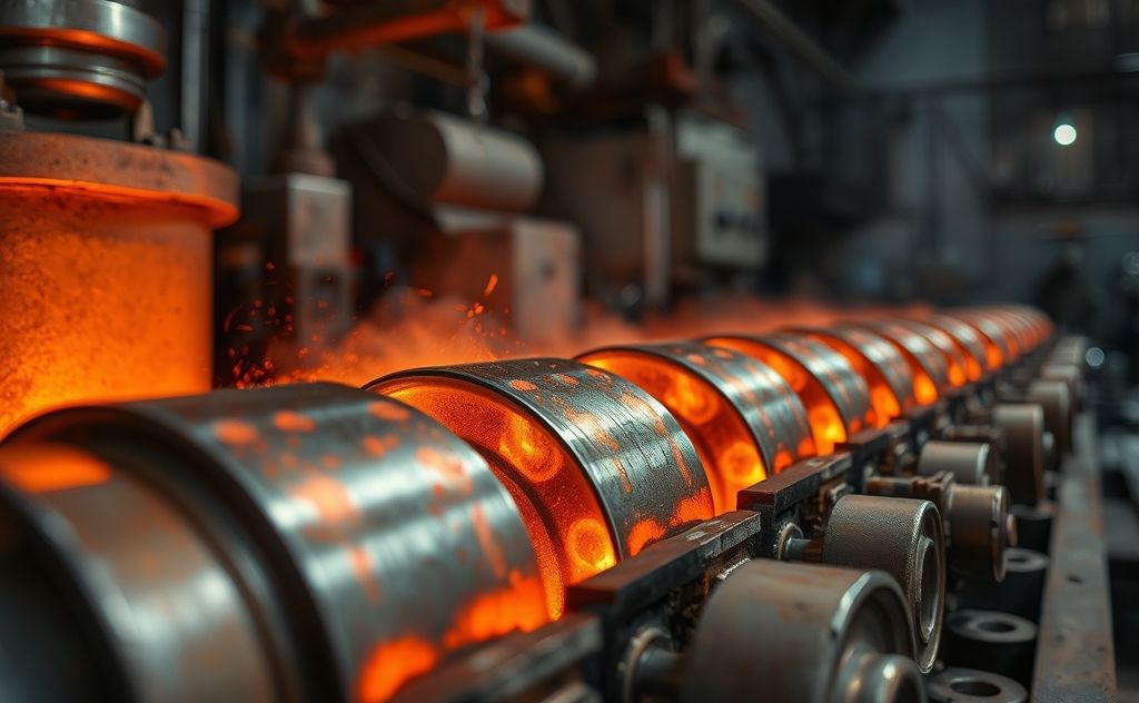 A close-up of metal parts undergoing heat treatment in a workshop.