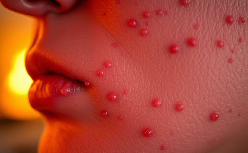 A close-up of red, irritated skin with small bumps in a warm setting.