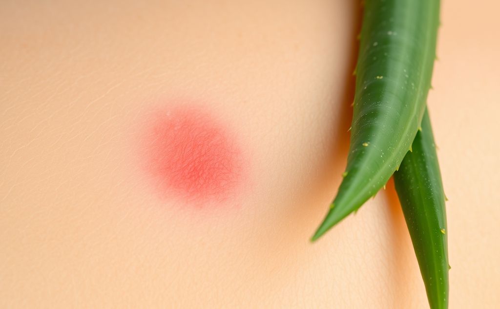 A close-up of skin with heat rash and soothing aloe vera leaves.