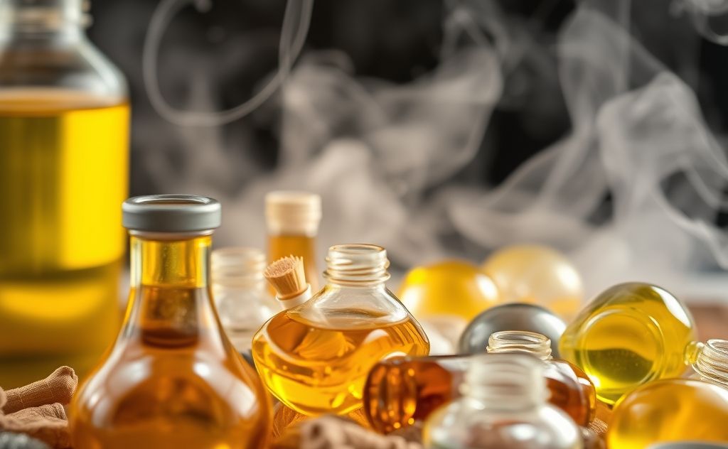 A close-up of various cooking oils with smoke rising in the background.