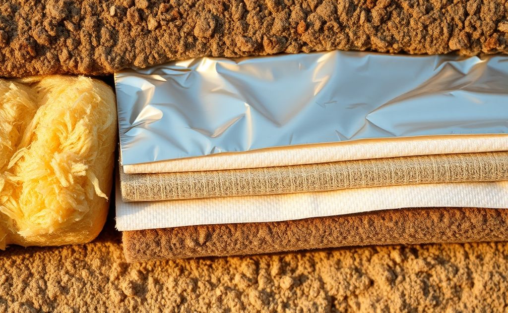 A close-up of various heat insulating materials on a textured surface.