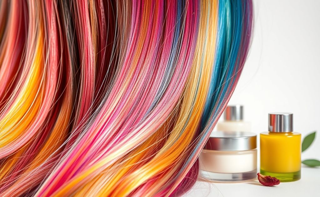 A close-up of vibrant hair strands with nourishing hair care products.