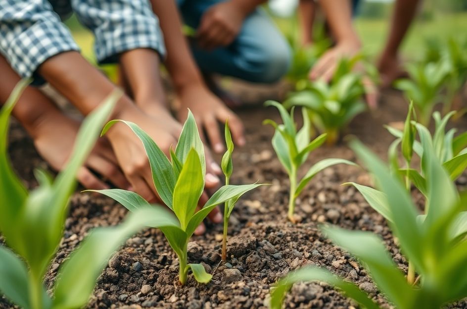 Close-up of young sorgum plants being carefully planted by a group of diverse farmers and local government officials, including a visible Wakil Gubernur, in a vibrant green field. The background showcases the beautiful, fertile landscape of Cirebon, Jawa Barat, under bright daylight. The image should convey a sense of collaboration, hope, and agricultural innovation for food security.