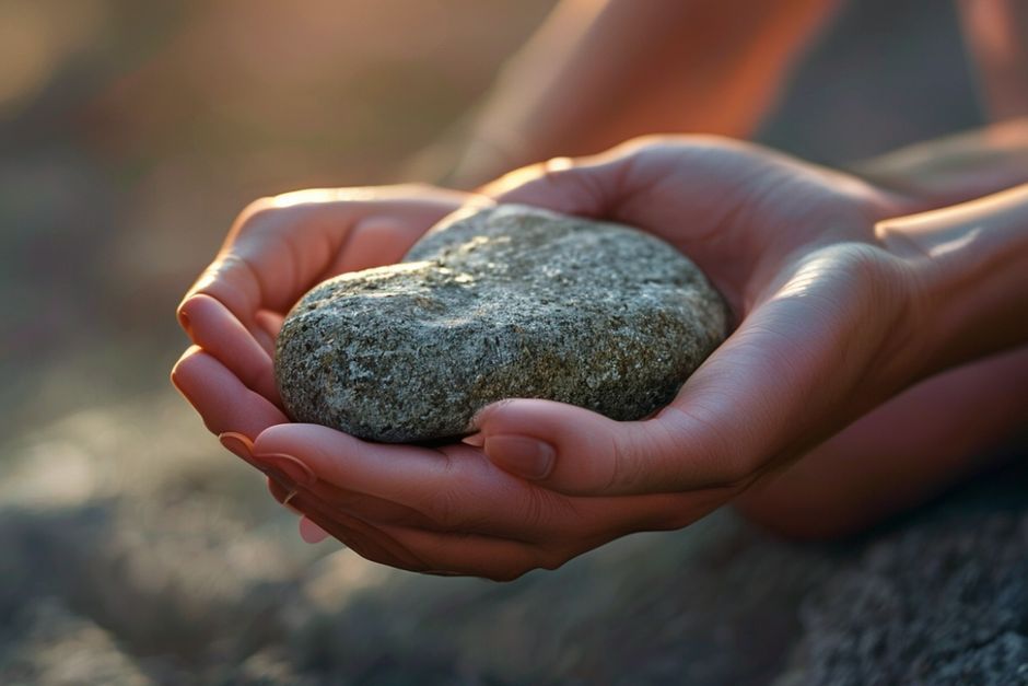 Close-up of hands practicing mindfulness with a stone, symbolizing non-judgmental observation