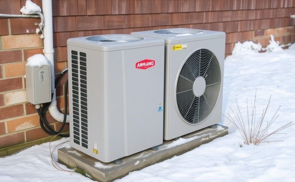 A cold climate heat pump installed in a snowy outdoor setting.