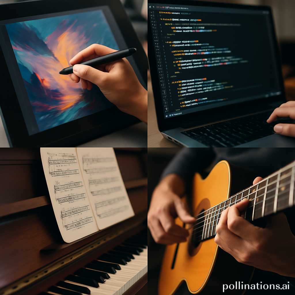 collage que muestre aplicaciones prácticas, desde arte digital hasta líneas de código y notas musicales