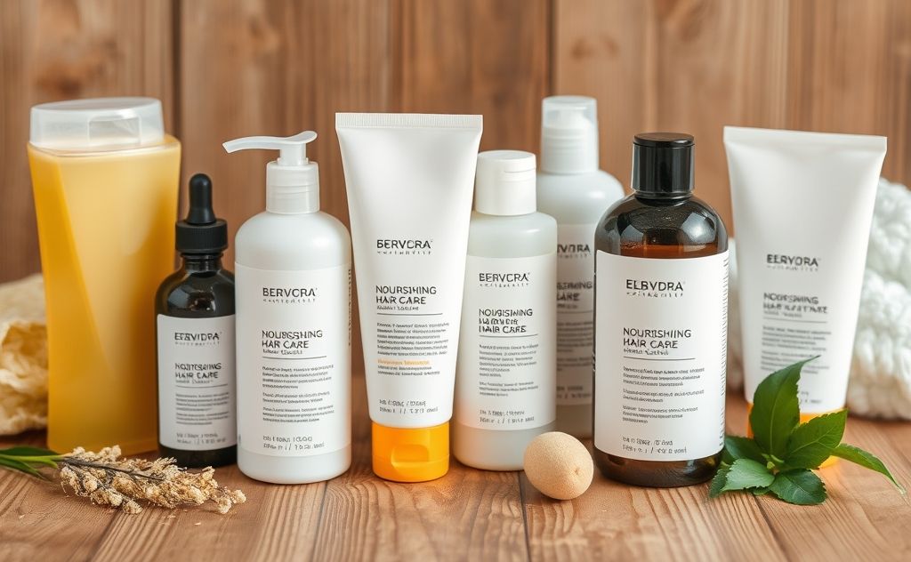 A collection of nourishing hair care products on a wooden surface.