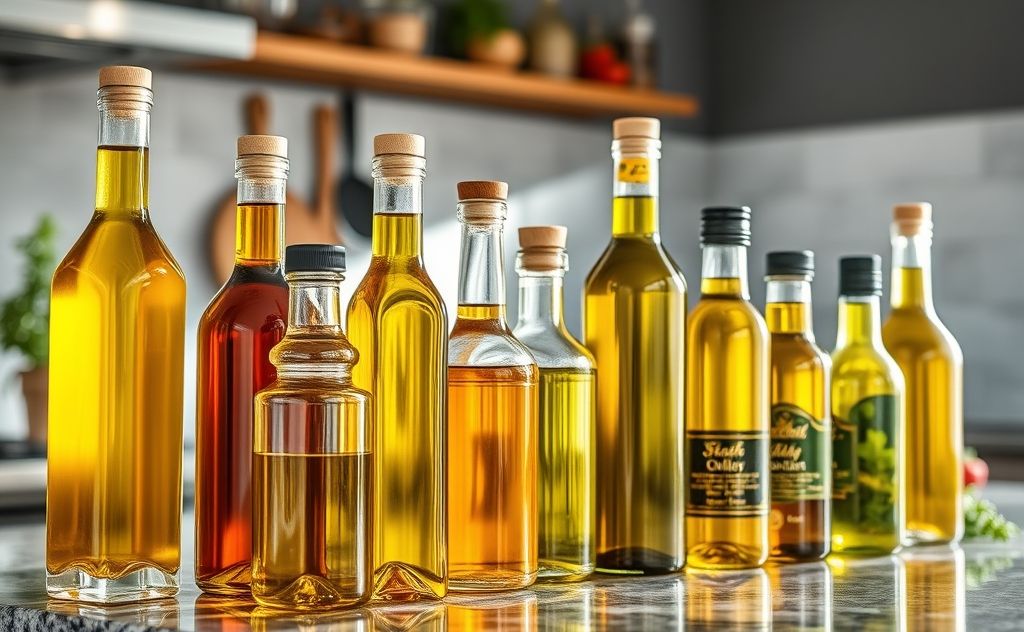 A collection of various cooking oils in glass bottles on a kitchen counter.