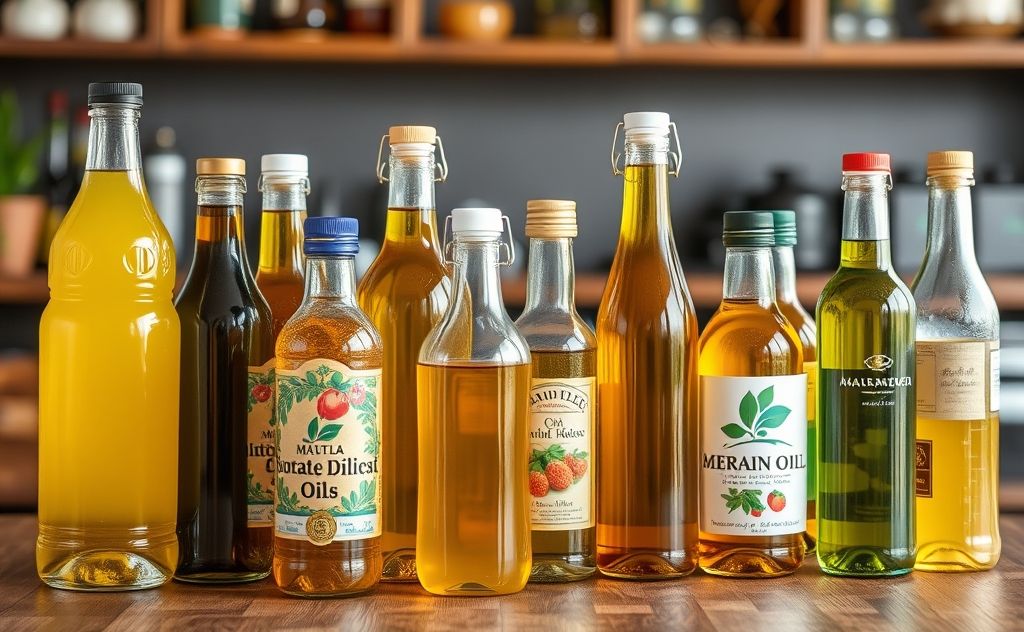 A collection of various cooking oils in glass bottles on a wooden table.