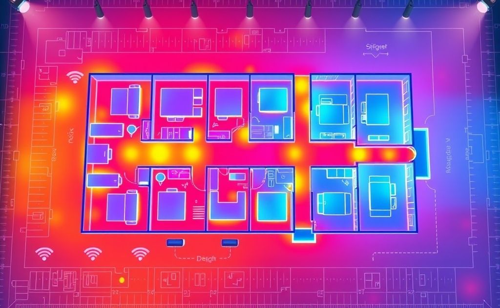 A colorful heat map showing Wi-Fi signal strength across a floor plan.