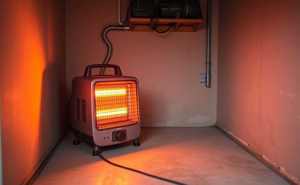 A compact electric heater warming a small garage space.