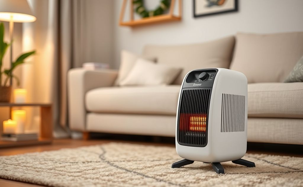 A compact portable electric heater in a cozy living room setting.