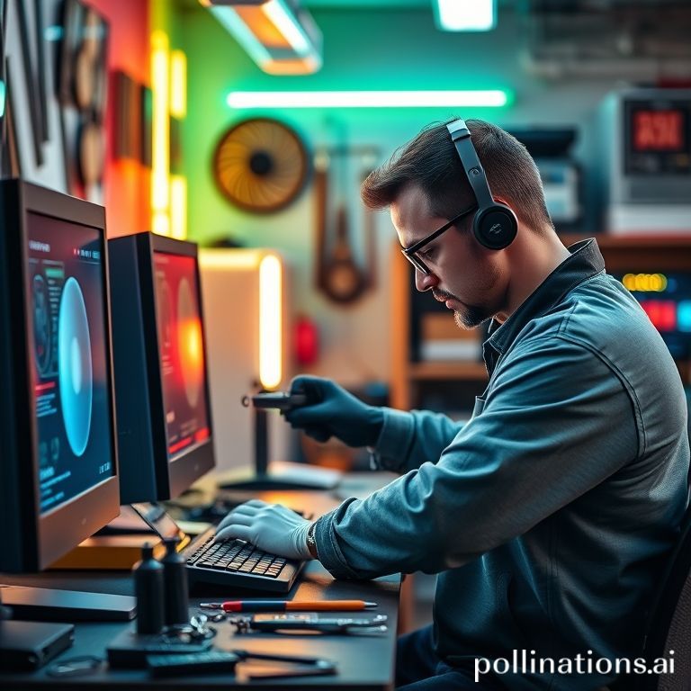 Teknisi memperbaiki komputer di meja kerja