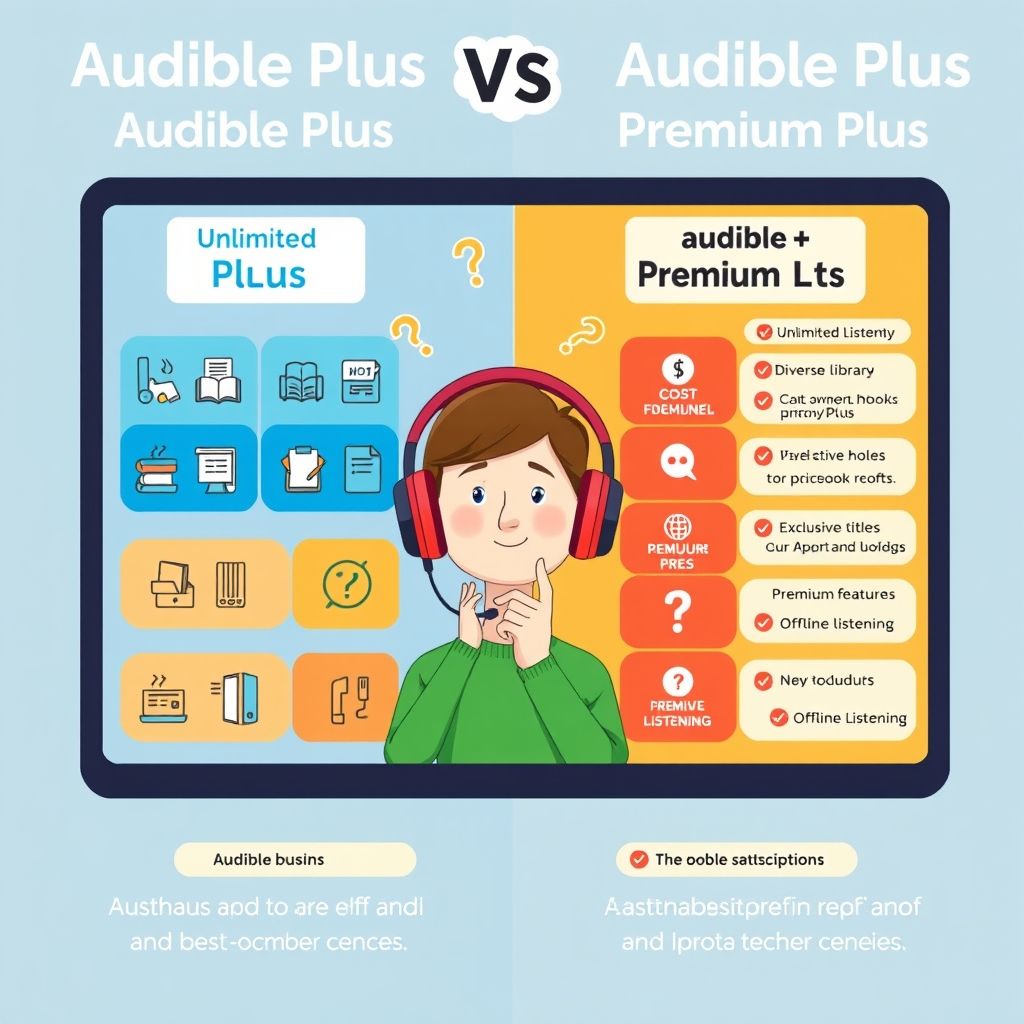 Illustration about audible plus vs audible premium plus choosing the best audiobook subscription