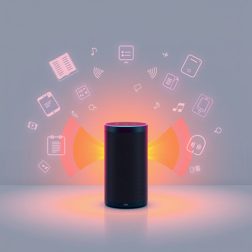 Illustration about audible subscription and alexa voice commands and controls