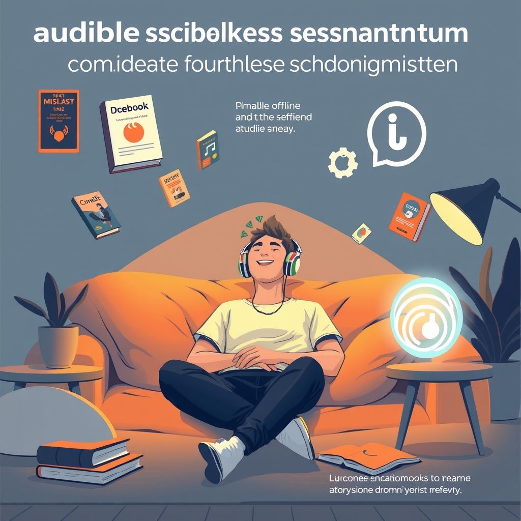 Illustration about audible subscription and offline listening downloading audiobooks