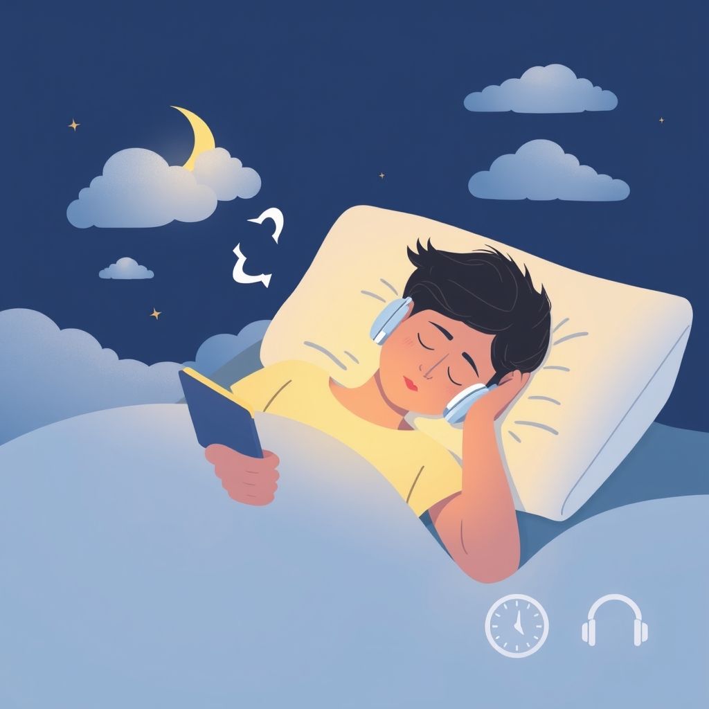 Illustration of person sleeping with headphones while Audible app shows sleep timer settings