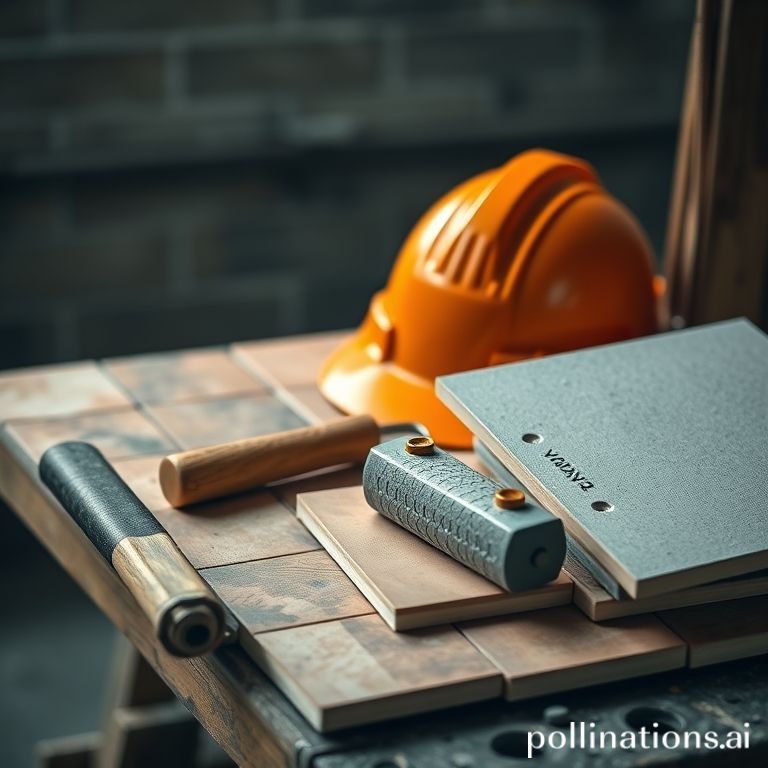 Peralatan tukang: helm, roskam, roller, keramik di meja kerja