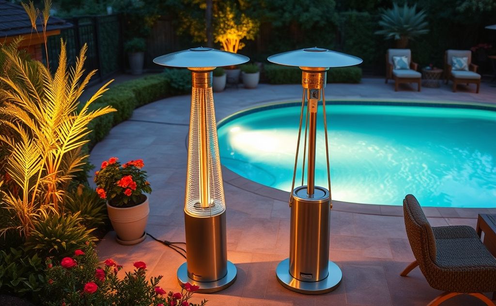 A cozy backyard with a sparkling pool and a modern heater nearby.